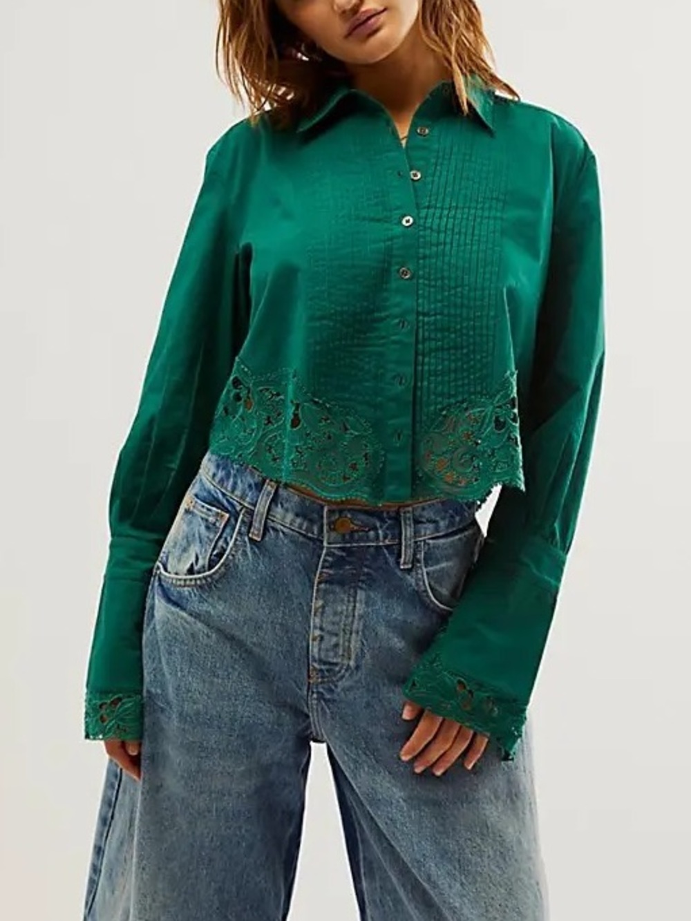 Free People Hooked on You Cropped Hunter Green Button Down Top NWT Sz Medium